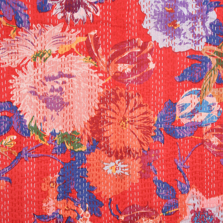 Red Floral Hand Block Printed Cotton Kantha Throw  - Double bed Size