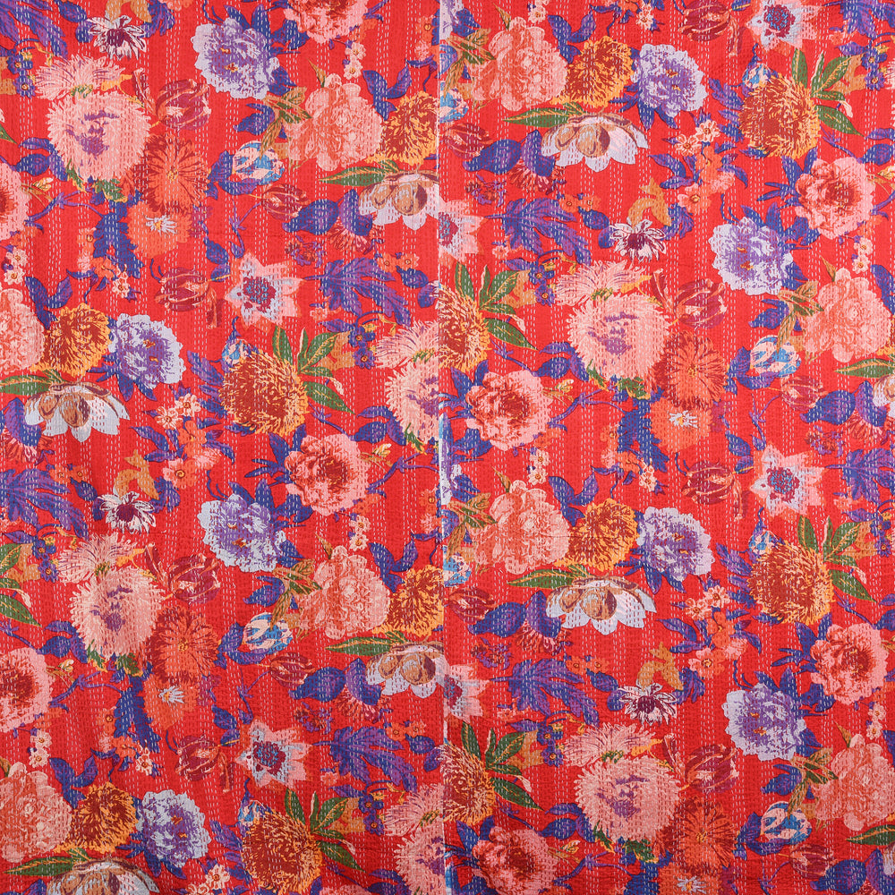 Red Floral Hand Block Printed Cotton Kantha Throw  - Double bed Size