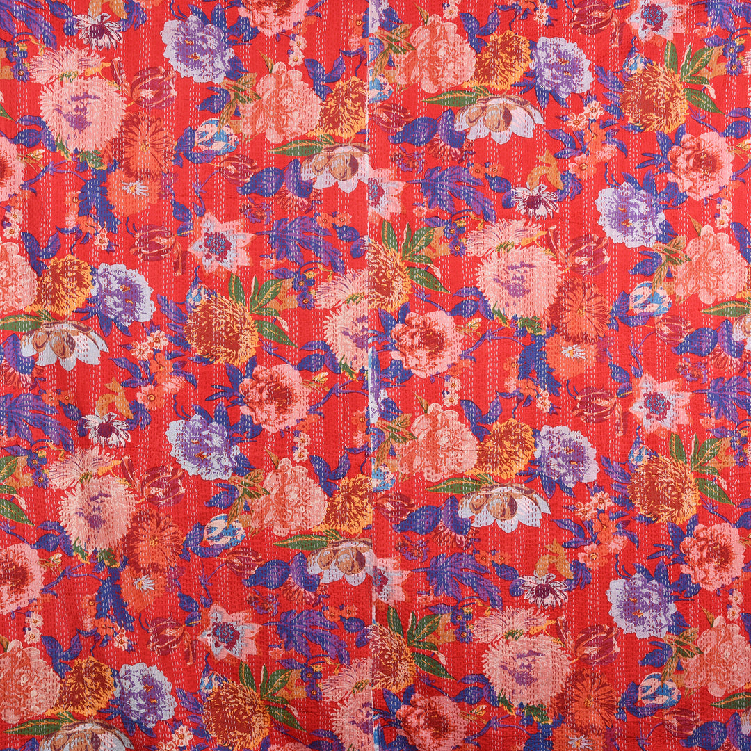 Red Floral Hand Block Printed Cotton Kantha Throw  - Double bed Size