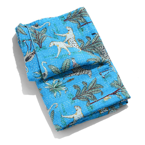Blue Jungle Hand Block Printed Cotton Kantha Throw  - Double bed Size