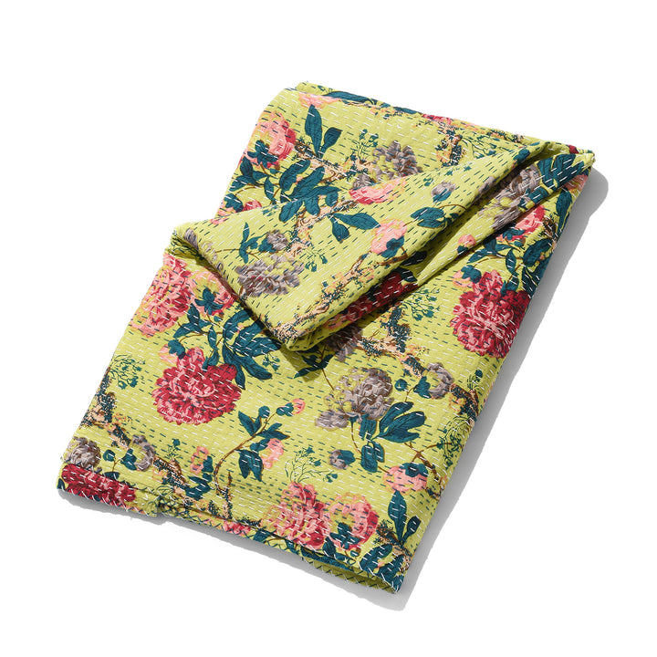 Lime Green Hand Block Printed Cotton Kantha Throw  - Double bed Size | Indigo Antiques
