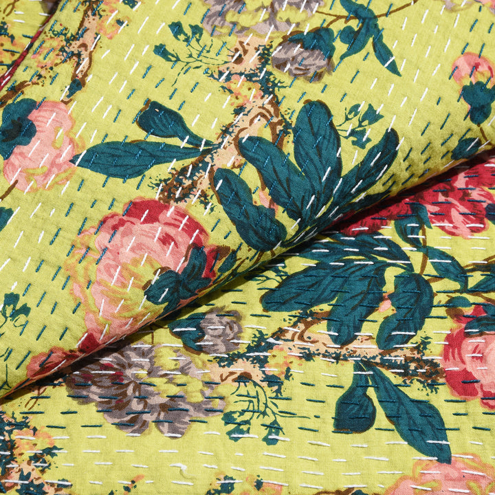 Lime Green Hand Block Printed Cotton Kantha Throw  - Double bed Size | Indigo Antiques