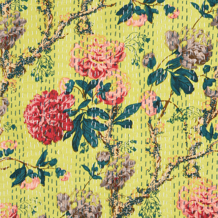 Lime Green Hand Block Printed Cotton Kantha Throw  - Double bed Size | Indigo Antiques