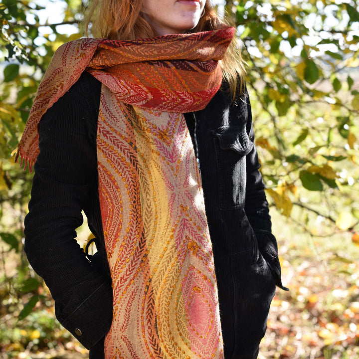 Red Betel Leaf Design Jacquard Merino Wool Shawl | Indigo Antiques