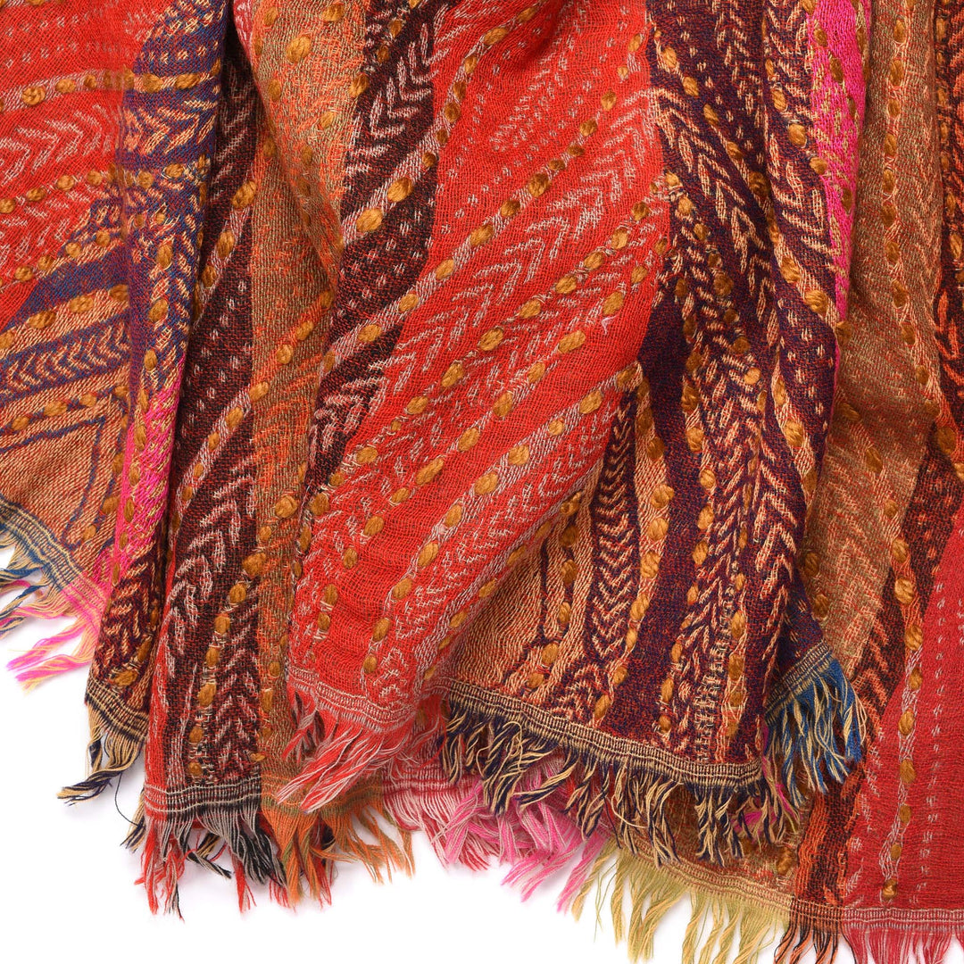 Red Betel Leaf Design Jacquard Merino Wool Shawl | Indigo Antiques