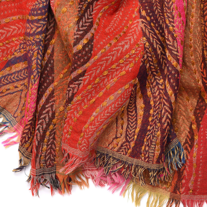 Red Betel Leaf Design Jacquard Merino Wool Shawl | Indigo Antiques