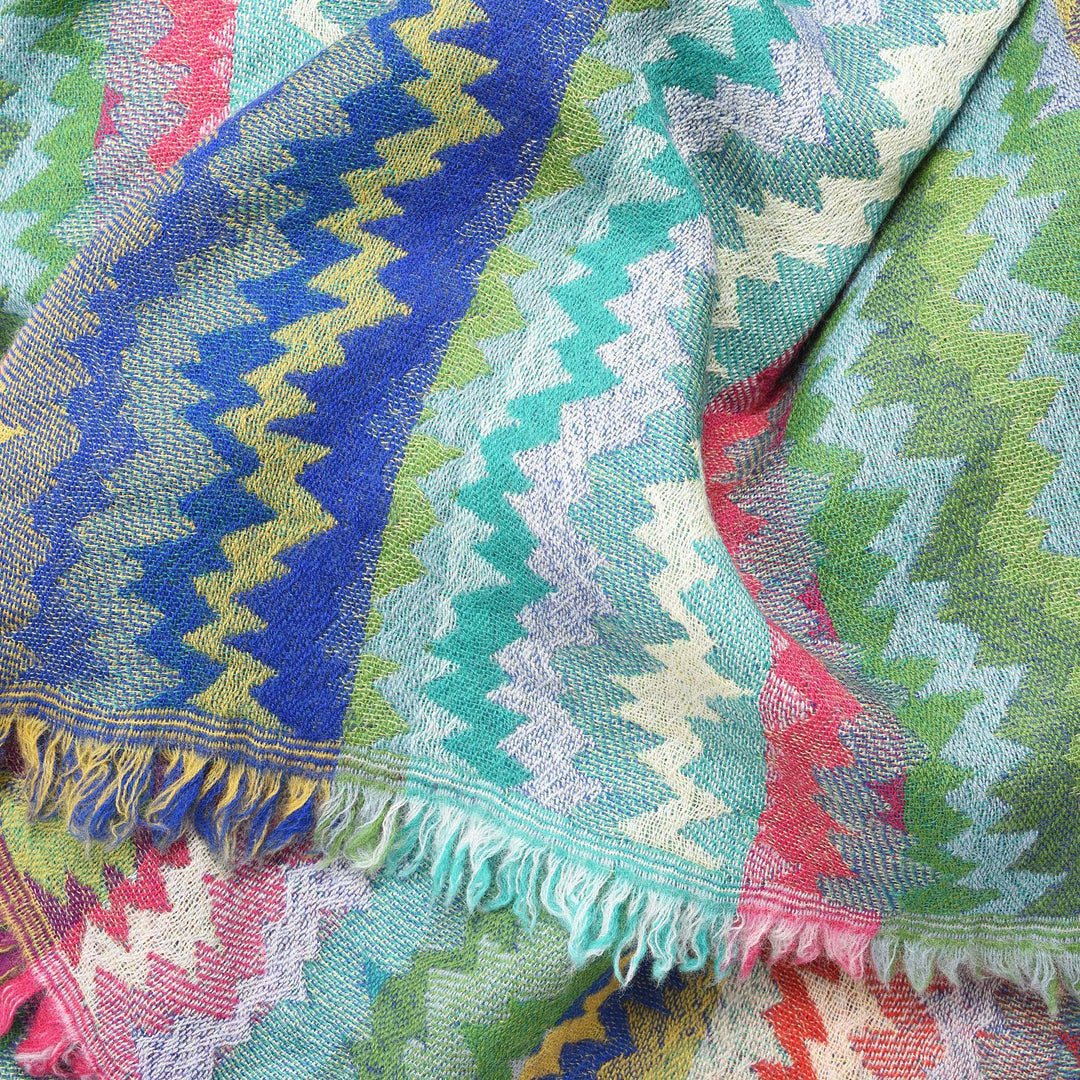 Aqua Tones Abstract Design Jacquard Merino Wool Shawl | Indigo Antiques