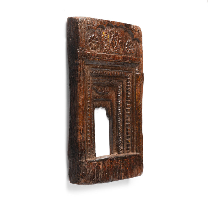 Angled View Of Antique Carved Teak Votive Panel From Andra Pradesh - 80-120 Yrs Old | Indigo Antiques