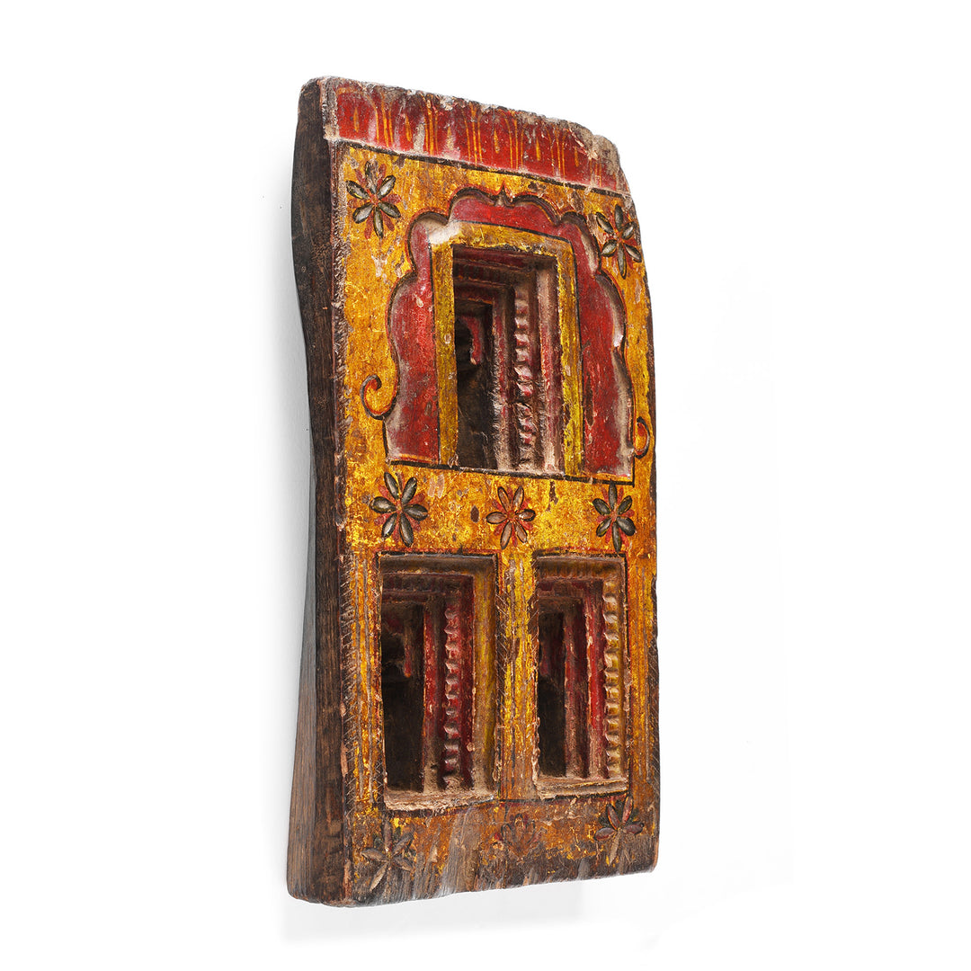 Angled View Of Carved Teak Votive Panel From Andra Pradesh - 80-120 Yrs Old | Indigo Antiques 