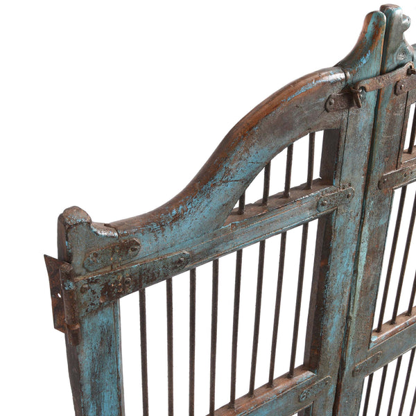 Light Blue Painted Teak Dog Gate From Gujarat - 19thC