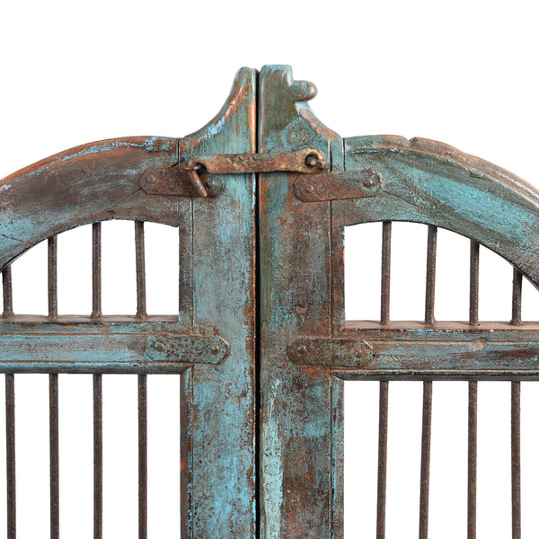 Light Blue Painted Teak Dog Gate From Gujarat - 19thC