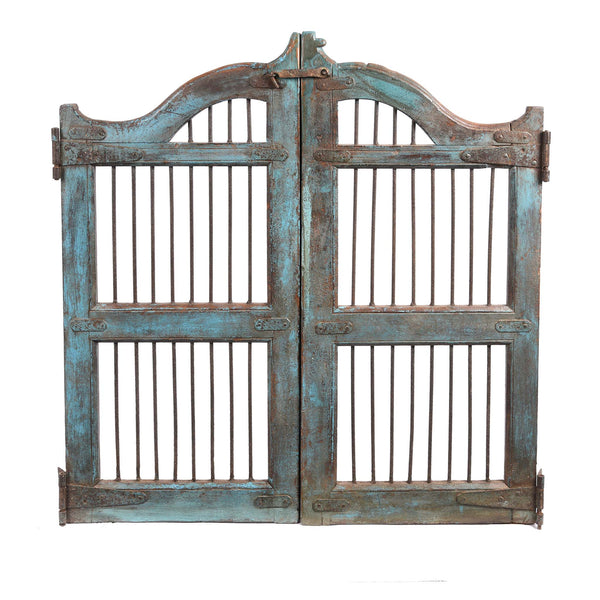 Light Blue Painted Teak Dog Gate From Gujarat - 19thC