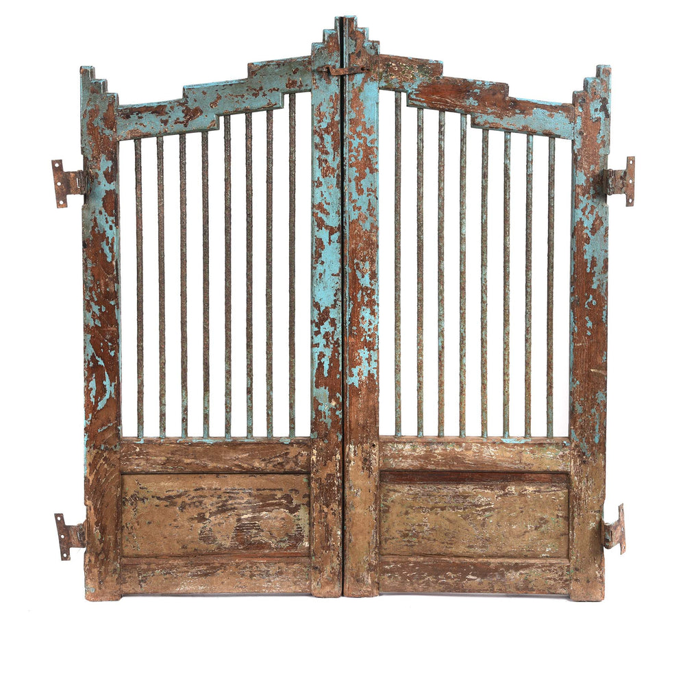 Reverse Of Light Blue Painted Teak Dog Gate From Gujarat - 19thC | Indigo Antiques