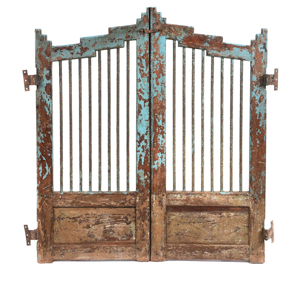 Light Blue Painted Teak Dog Gate From Gujarat - 19thC