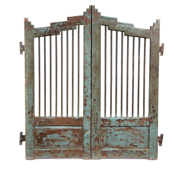 Light Blue Painted Teak Dog Gate From Gujarat - 19thC
