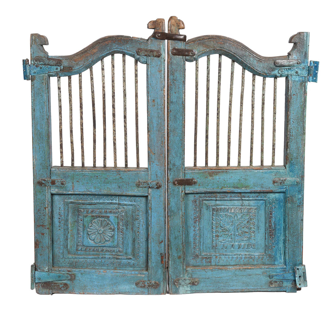 Blue & Green Painted Teak Dog Gate From Gujarat - 19thC | Indigo Antiques