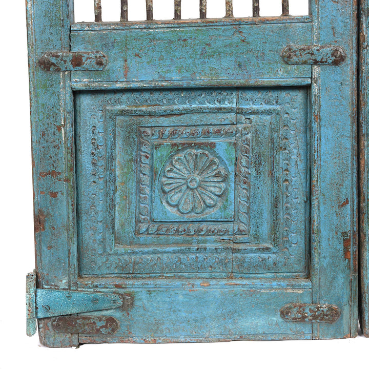 Carving Detail From Blue & Green Painted Teak Dog Gate From Gujarat - 19thC | Indigo Antiques