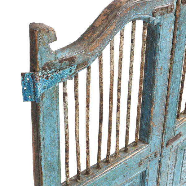 Blue & Green Painted Teak Dog Gate From Gujarat - 19thC