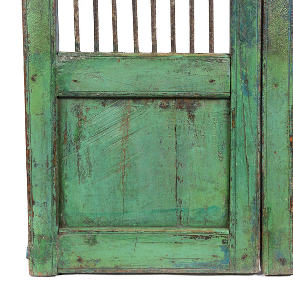 Blue & Green Painted Teak Dog Gate From Gujarat - 19thC