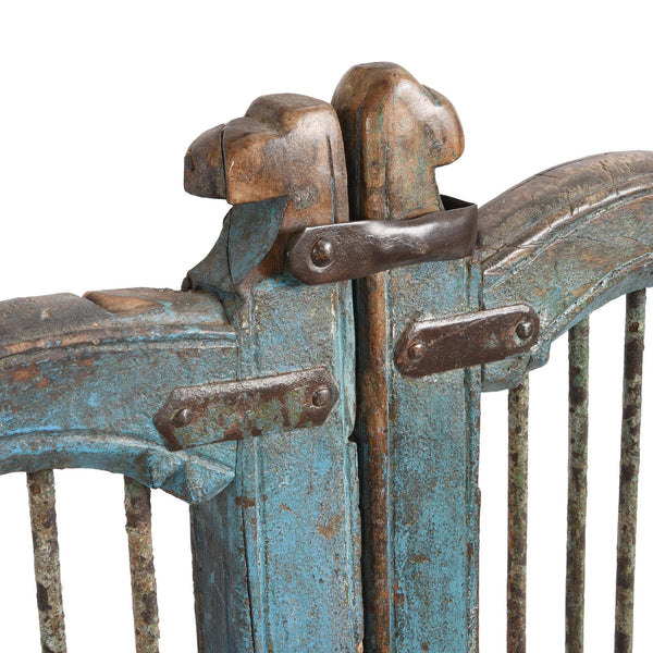 Blue & Green Painted Teak Dog Gate From Gujarat - 19thC