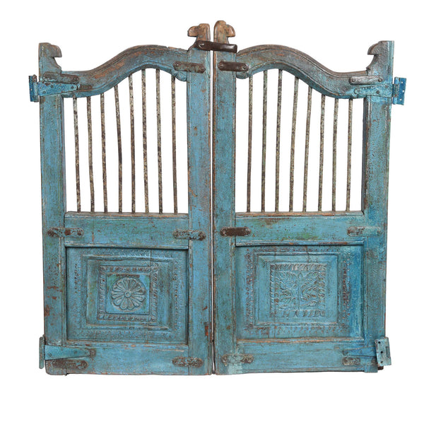 Blue & Green Painted Teak Dog Gate From Gujarat - 19thC