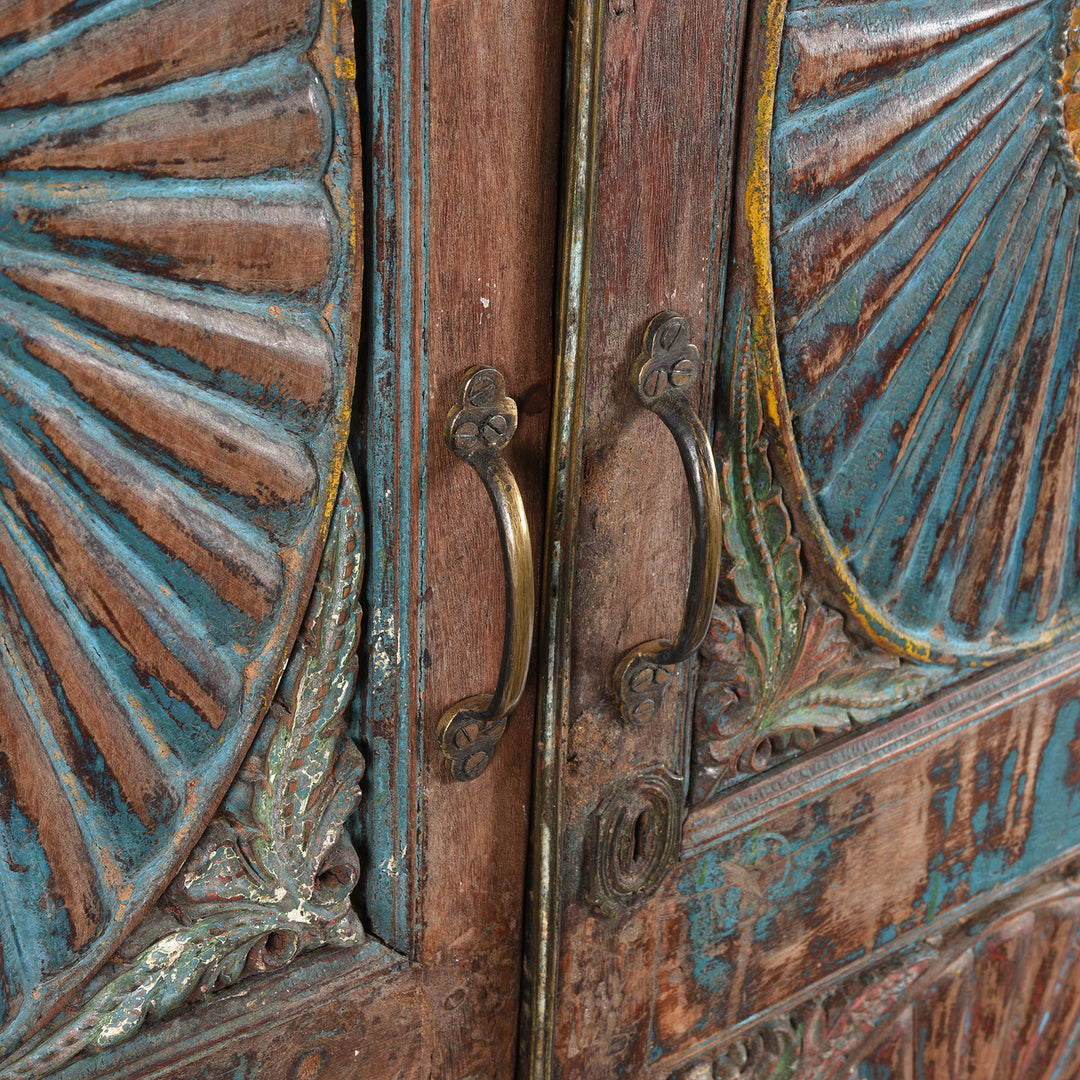 Brass handle design on an Antique Painted Indian Almirah Cabinet From Gujarat - 19thC | Indigo Antiques
