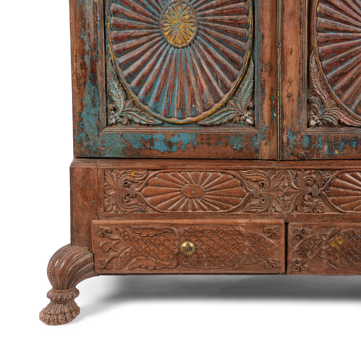 Carving detail on an Antique Painted Indian Almirah Cabinet From Gujarat - 19thC | Indigo Antiques