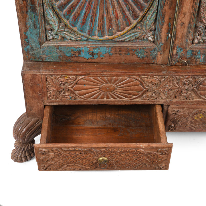 Drawer carving detail on an Antique Painted Indian Almirah Cabinet From Gujarat - 19thC | Indigo Antiques