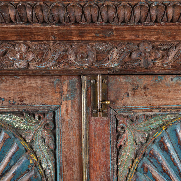 Carving detail on an Antique Painted Indian Almirah Cabinet From Gujarat - 19thC | Indigo Antiques