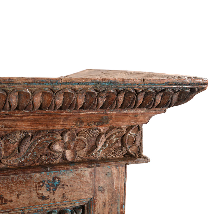 Carving detail on an Antique Painted Indian Almirah Cabinet From Gujarat - 19thC | Indigo Antiques