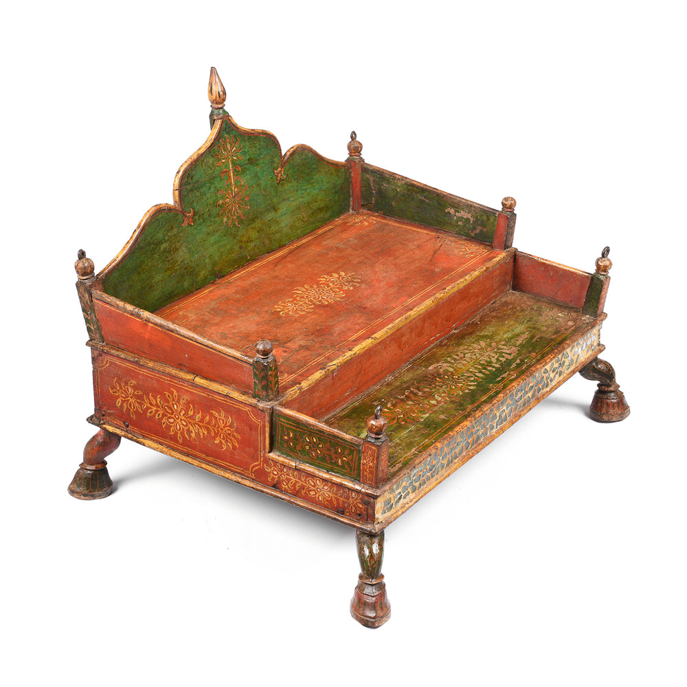 Angled View Of Antique Painted Teak Singhasan From Bikaner -  India  - 19thC | Indigo Antiques