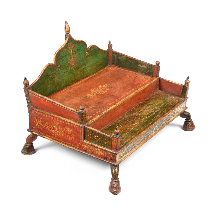 Angled View Of Antique Painted Teak Singhasan From Bikaner -  India  - 19thC | Indigo Antiques