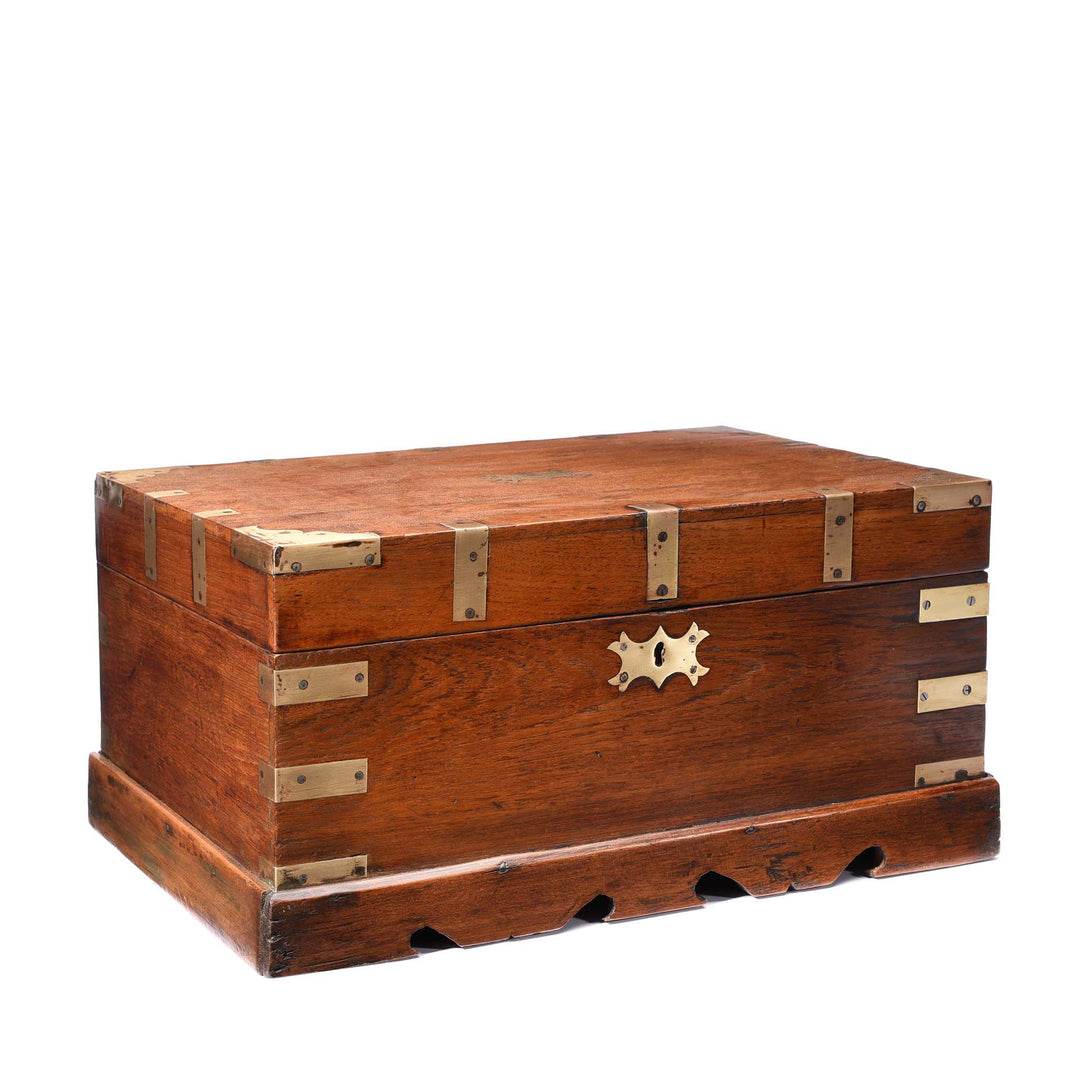 Angled View Of Brass Bound Teak Box From Rajasthan - 19thC | Indigo Antiques