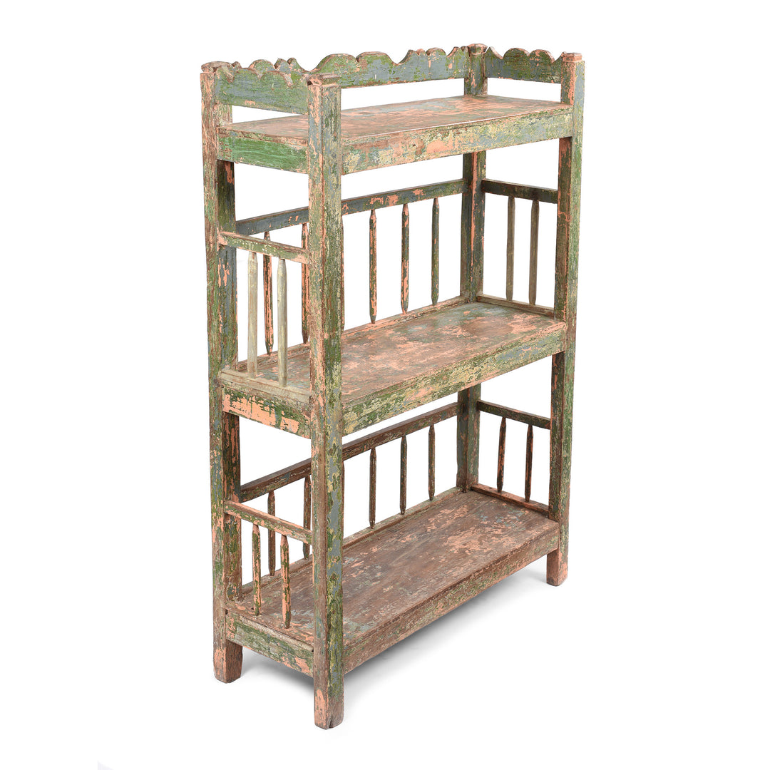 Angled View Of Vintage Painted Indian Teak Shelf - Ca 1930 | Indigo Antiques