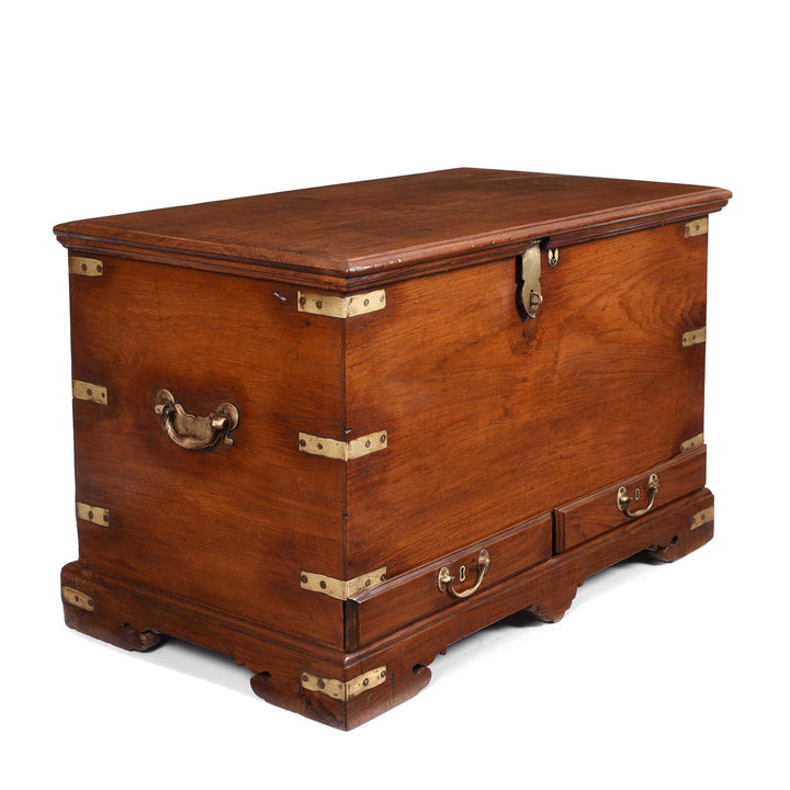 Angled VIew Of Brass Bound Teak Chest From India - 19thC | Indigo Antiques