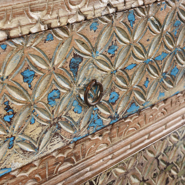 Carving Detail From 4 Drawer Bedside Cabinet Made From Reclaimed Teak | Indigo Antiques