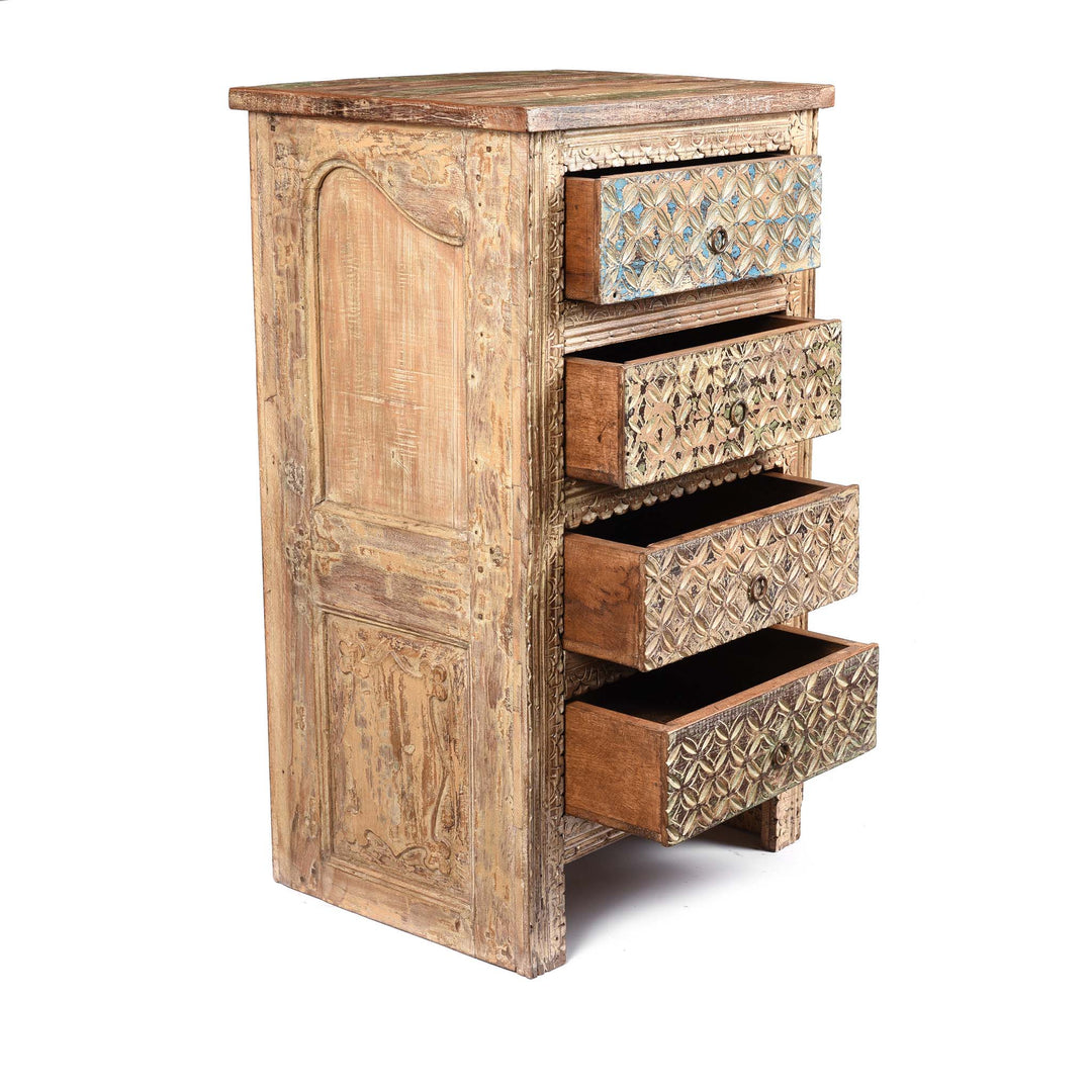 Open Drawers View Of 4 Drawer Bedside Cabinet Made From Reclaimed Teak | Indigo Antiques