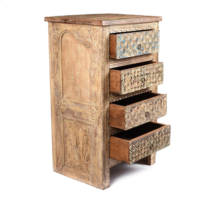 Open Drawers View Of 4 Drawer Bedside Cabinet Made From Reclaimed Teak | Indigo Antiques