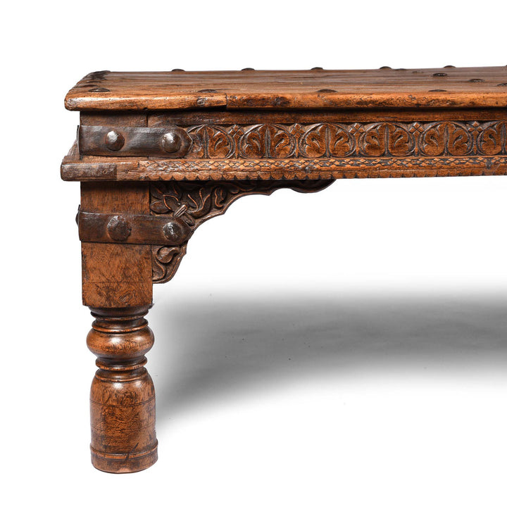 Corner Detail From Indian Acacia Wood Takhat Coffee Table From Rajasthan- 19thC | Indigo Antiques