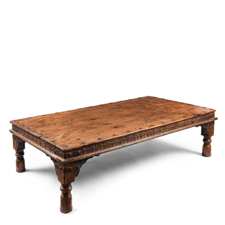 Angled VIew Of Indian Acacia Wood Takhat Coffee Table From Rajasthan- 19thC | Indigo Antiques