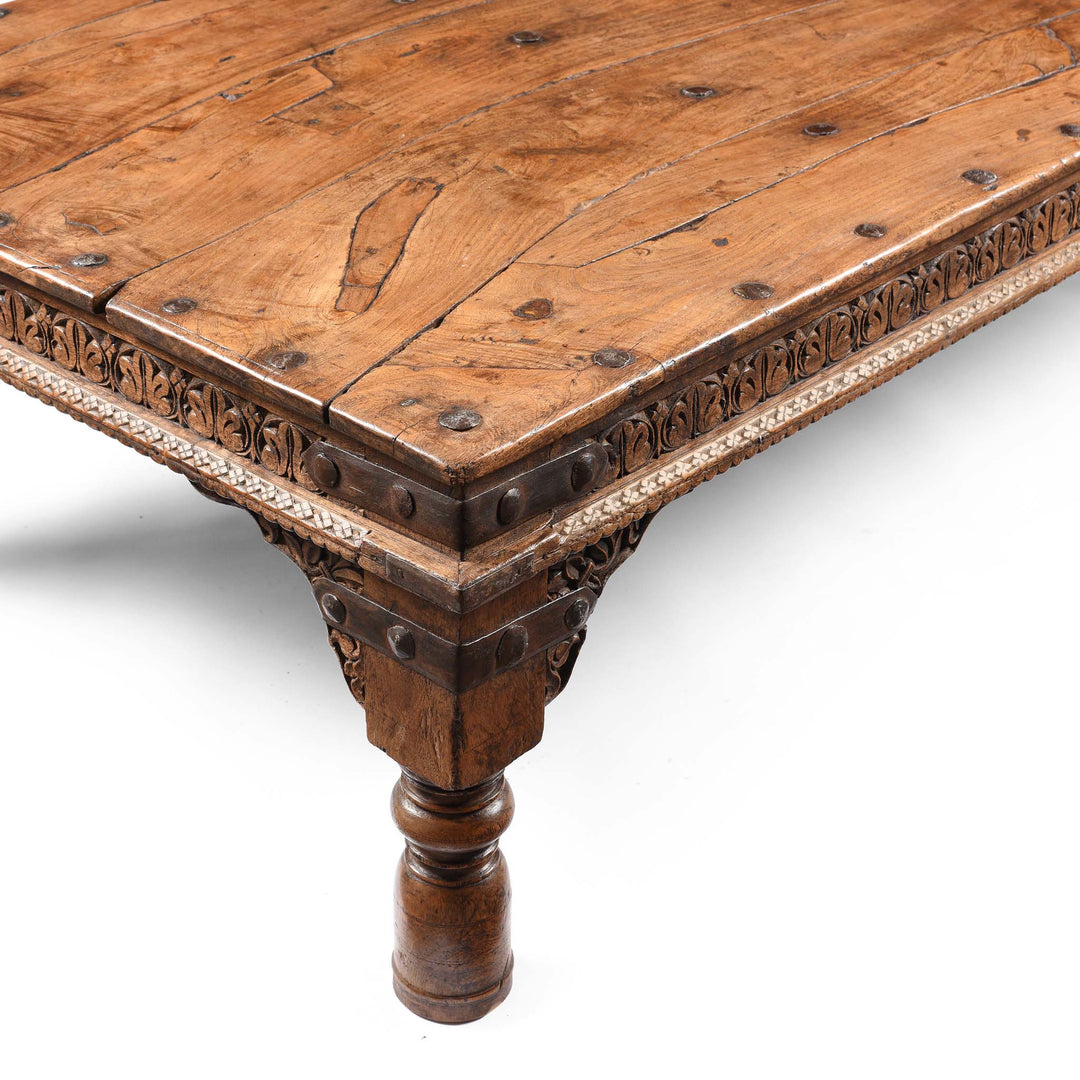 Corner Detail From Indian Acacia Wood Takhat Coffee Table From Rajasthan- 19thC | Indigo Antiques
