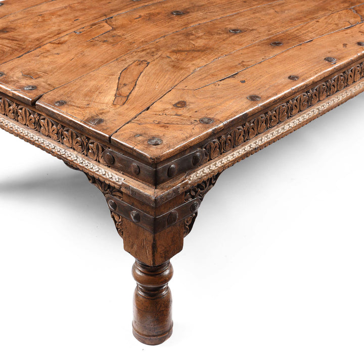 Corner Detail From Indian Acacia Wood Takhat Coffee Table From Rajasthan- 19thC | Indigo Antiques