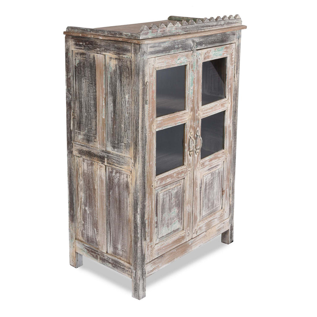 Angled View Of Vintage Blue Painted Display Cabinet - Ca 1920 | Indigo Antiques