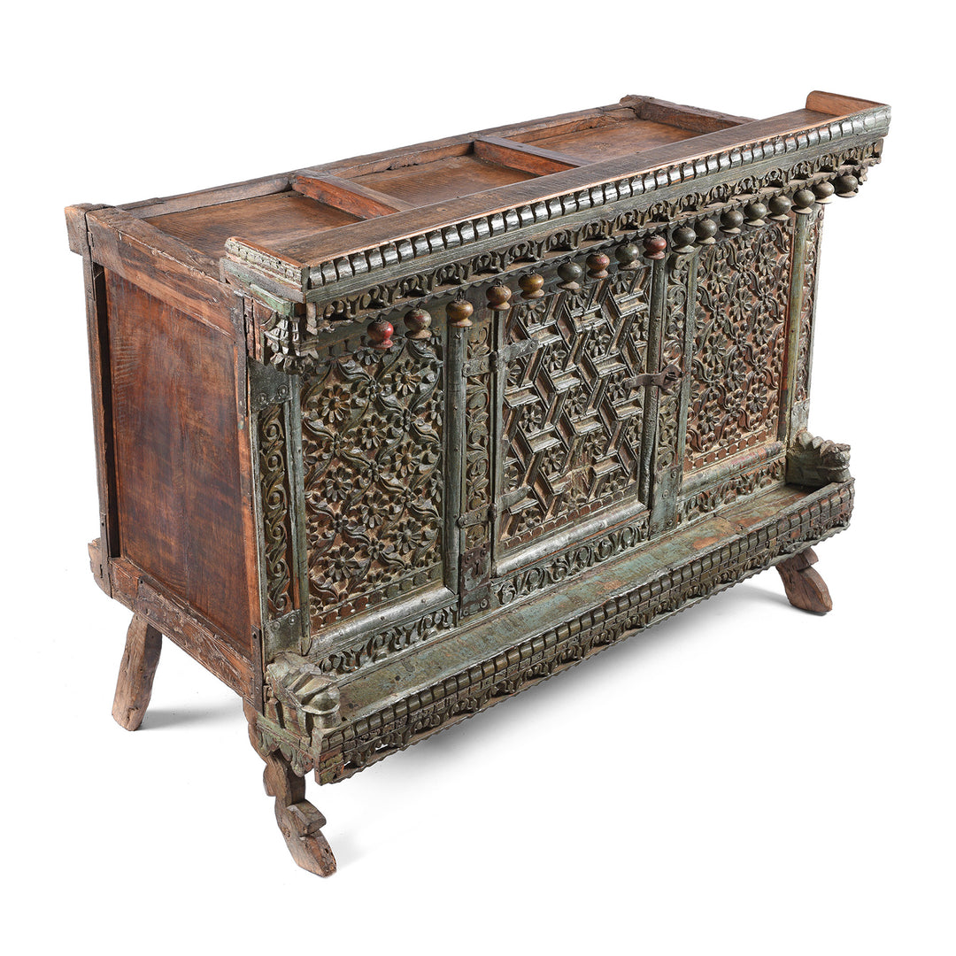 Angled View Of Antique Carved Teak Manjus Dowry Chest From Gujarat - 19thC | Indigo Antiques