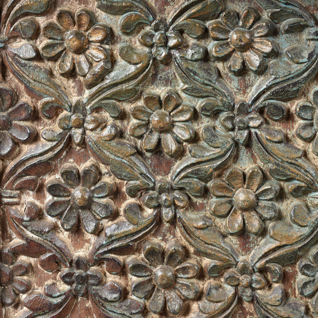 Carving Detail From Antique Carved Teak Manjus Dowry Chest From Gujarat - 19thC | Indigo Antiques
