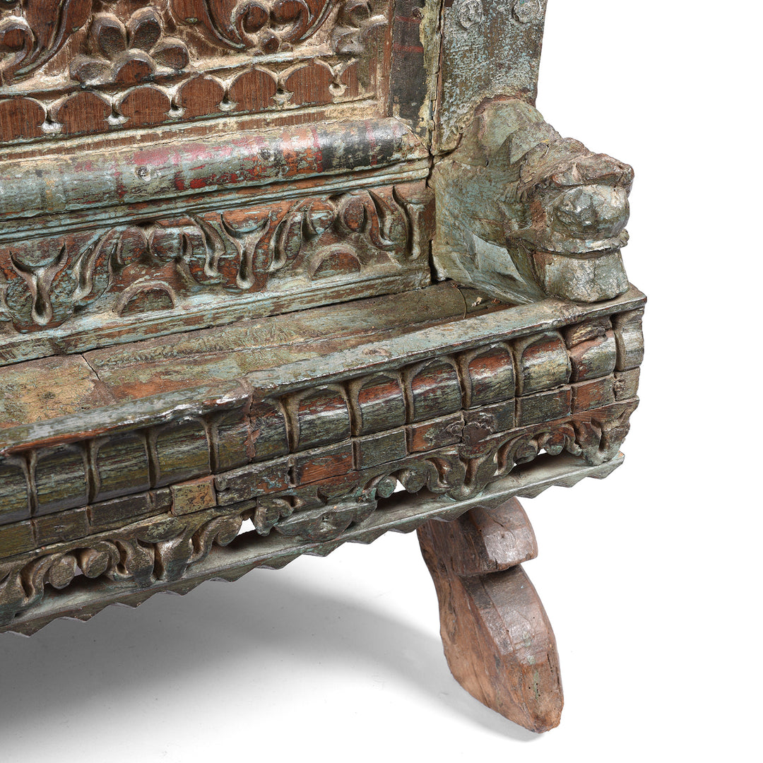 Corner Detail From Antique Carved Teak Manjus Dowry Chest From Gujarat - 19thC | Indigo Antiques