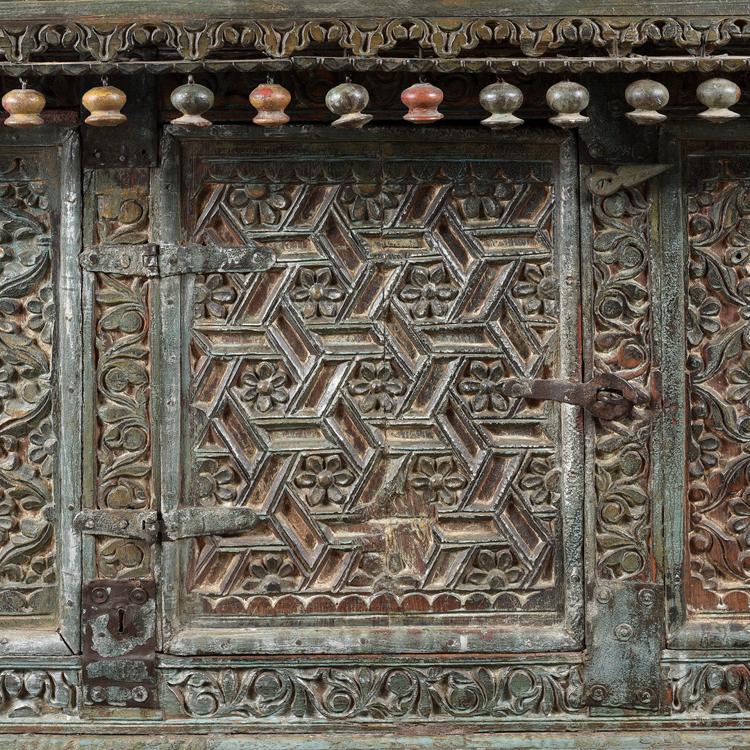 Door Carving Detail From Antique Carved Teak Manjus Dowry Chest From Gujarat - 19thC | Indigo Antiques