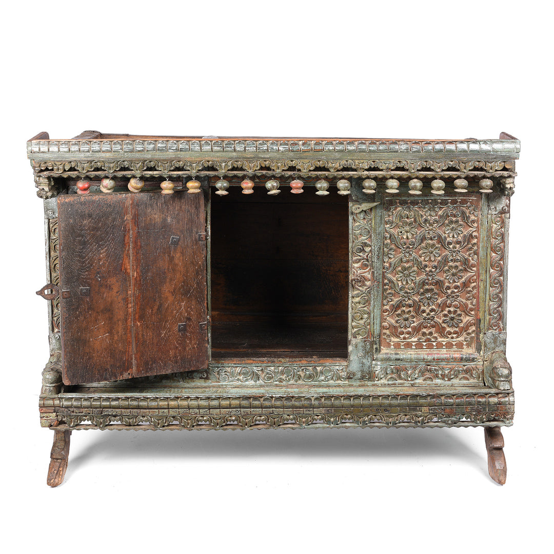 Open Door View Of Antique Carved Teak Manjus Dowry Chest From Gujarat - 19thC | Indigo Antiques