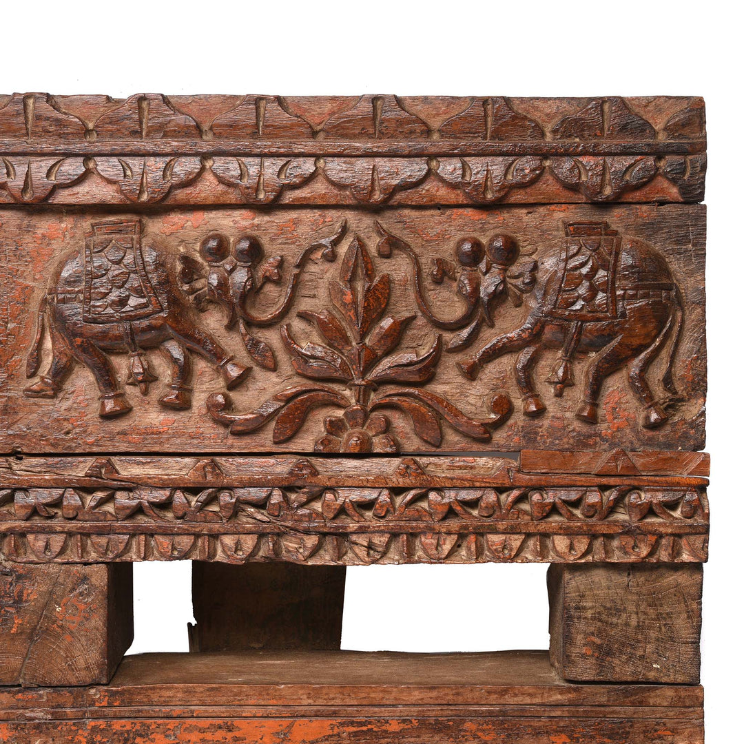 Elephants Carving Detail From Carved Teak Lintel Panel From Gujarat - 19thC | Indigo Antiques
