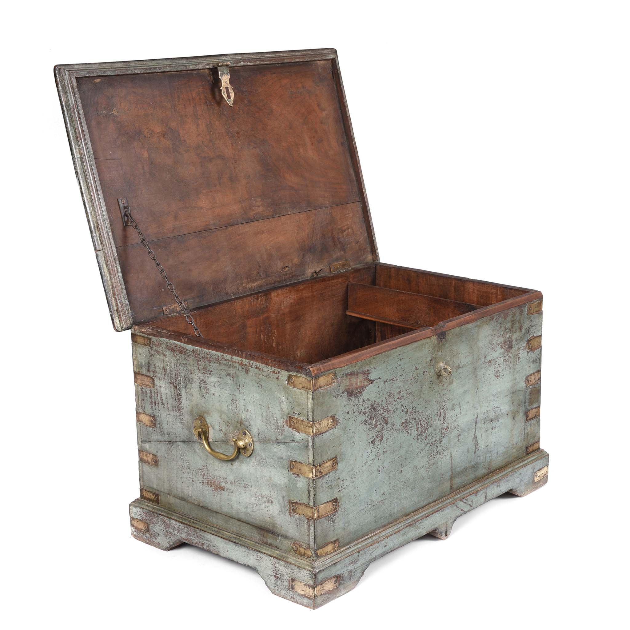 Open Lid View Of Painted Teak Indian Chest From Gujarat -19thC | Indigo Antiques